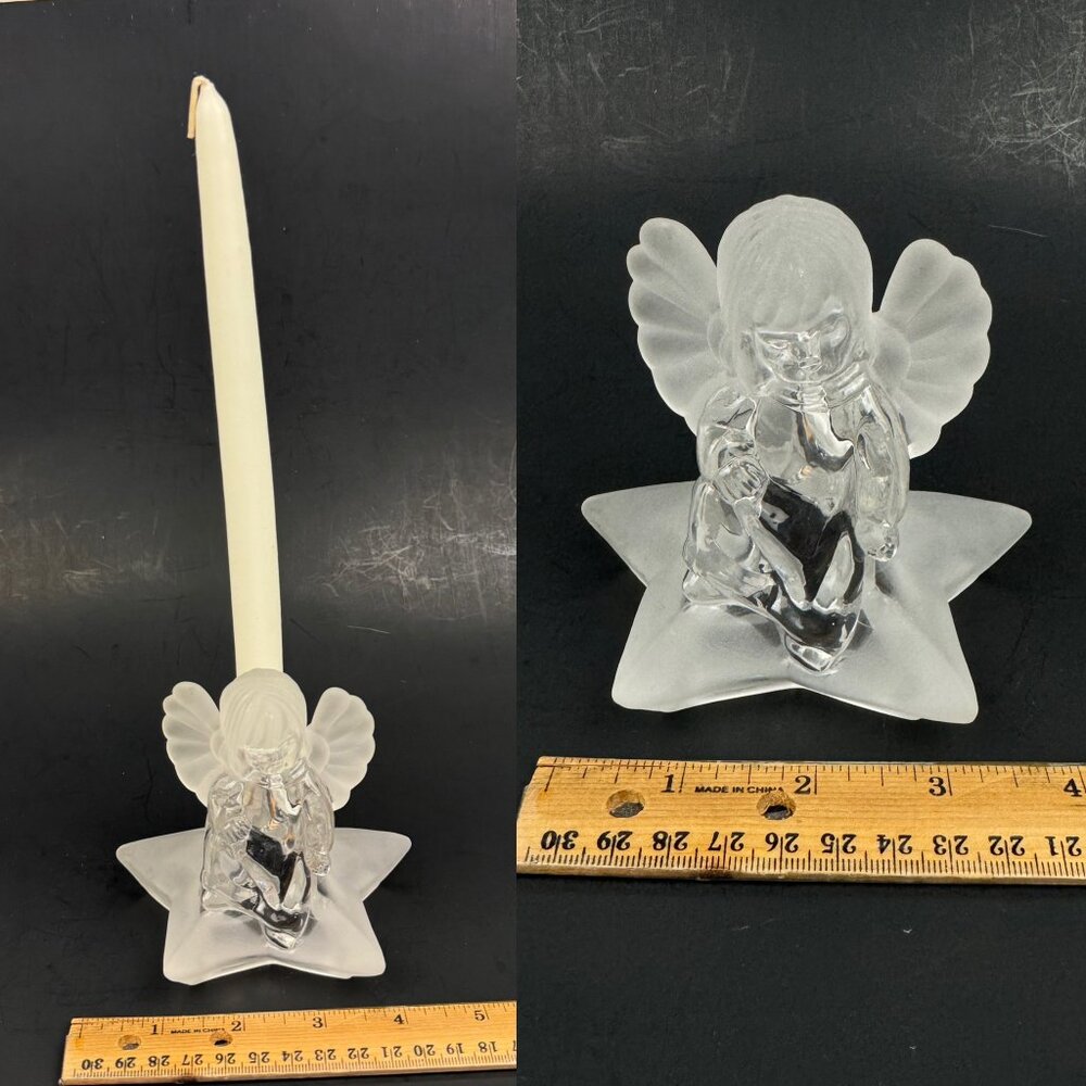 Vtg Frosted Crystal Clear Glass Angel Cherub Sitting w Star Candle Taper Holder